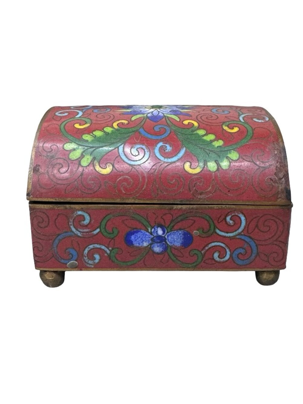 Antique Asian Floral Cloisonne Enamel Jewelry Box, Qing Dy Dynasty Red Chinese